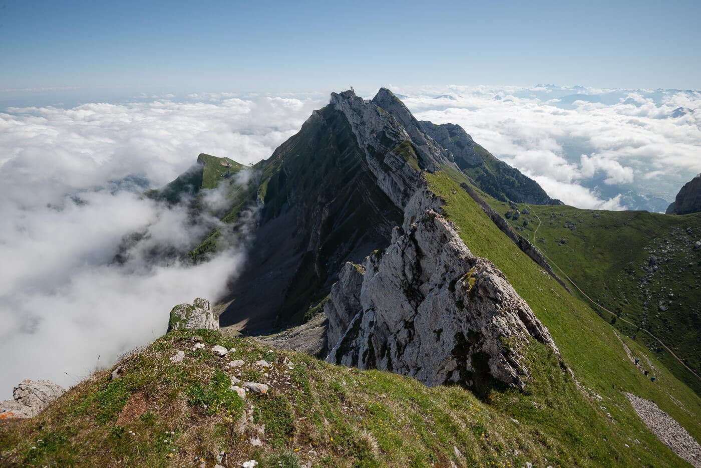 Mount Pilatus viewed from the summit of Mount Tomlishorn, rising above a sea of clouds
