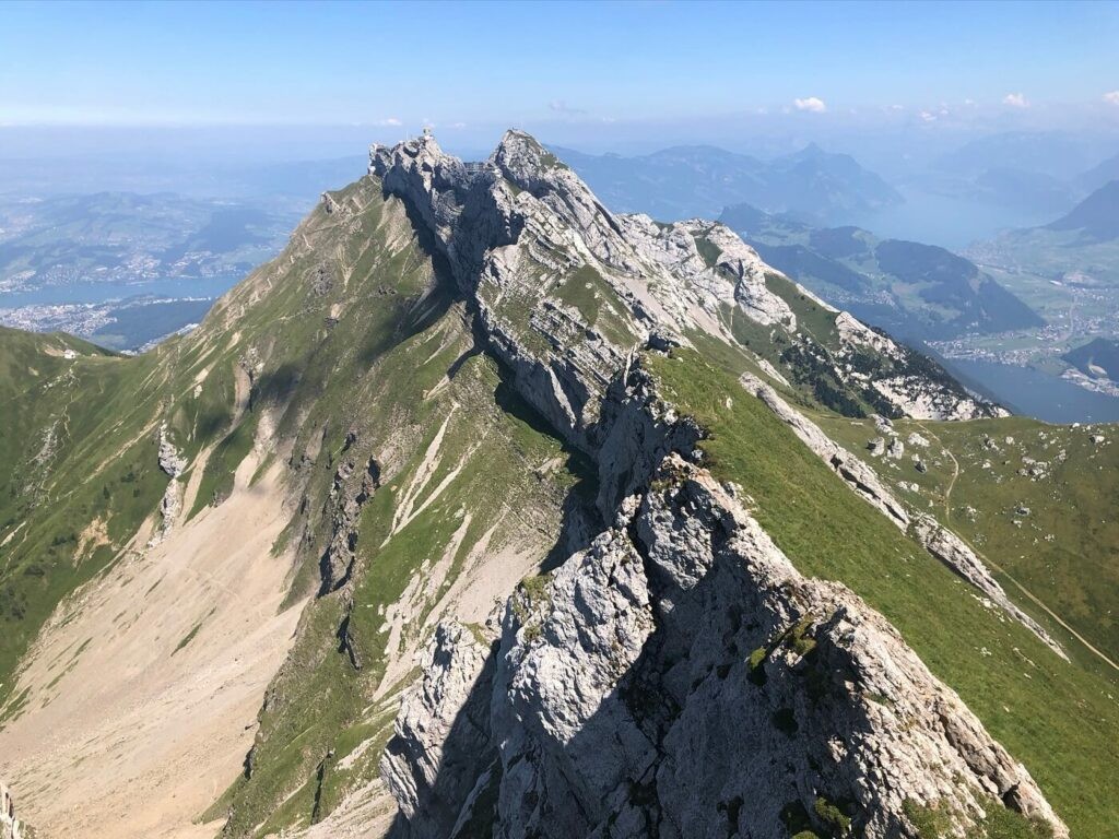 View of mount Pilatus from the summit of the Tomlishorn on a sunny day.