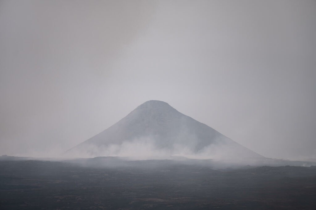 Smoke and gasses surrounding Keilir on the 20-23 Fagradalsfjall volcano Eruption hike to Little-hrutur