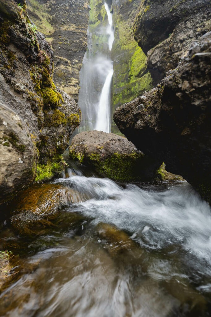 Second step of The Gluggafoss waterfall located in a narrow gorge