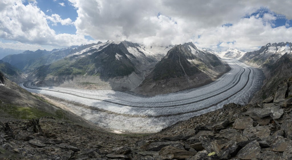 Panorama of the Aletsch glacier on a sunny day from the eggishorn.