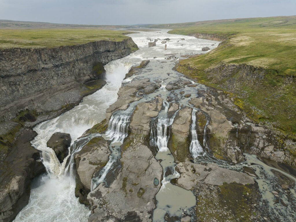 Closeup drone photo of the Dynkur Waterfall