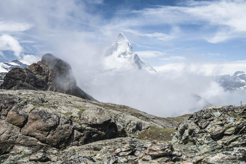The Matterhorn above the Riffelsee emerging from the clouds