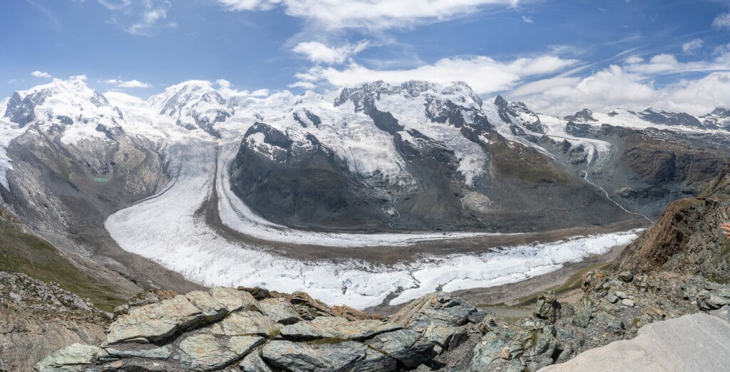 Panoramic image of the Grenzgletscher and Gornergratgletscher on a sunny day