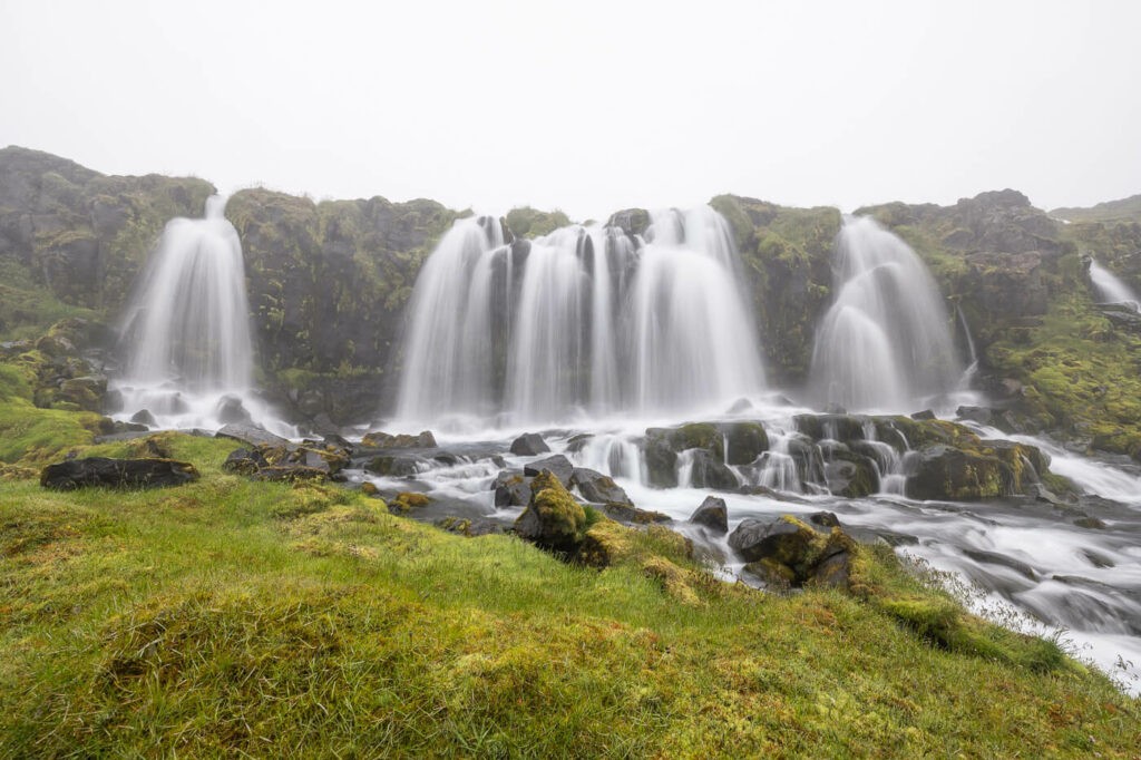 Bláfjallafoss waterfall on a foggy day