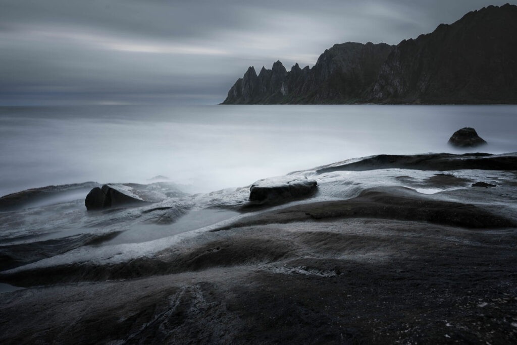 Tungeneset, on the coast along Senja island on a dark and gloomy day