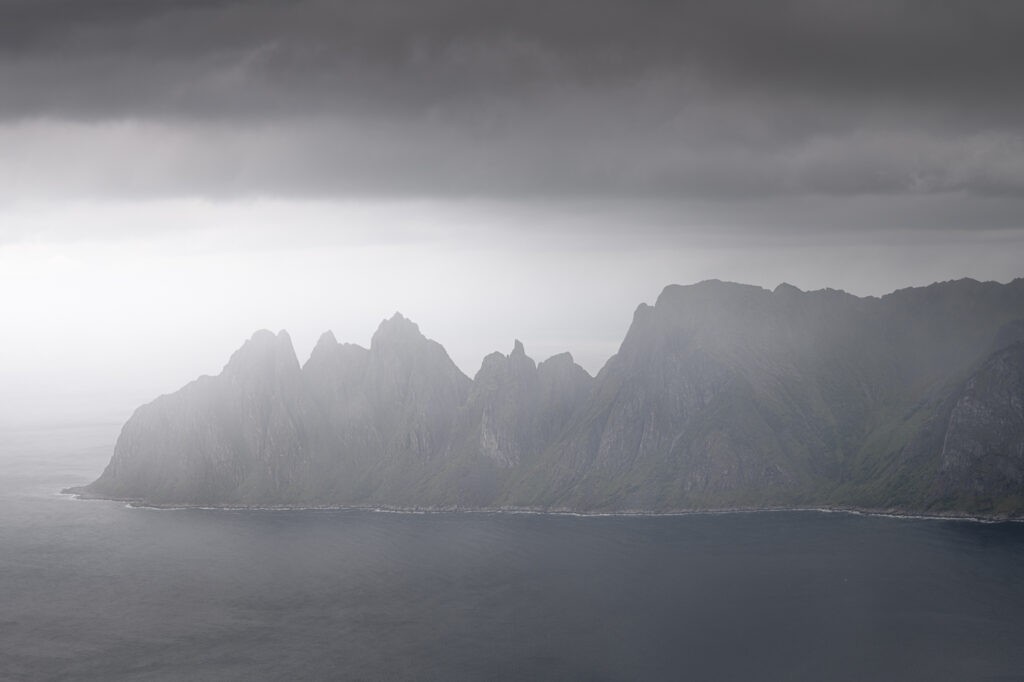 The oksen mountain on the Senja Island on a dark and rainy day