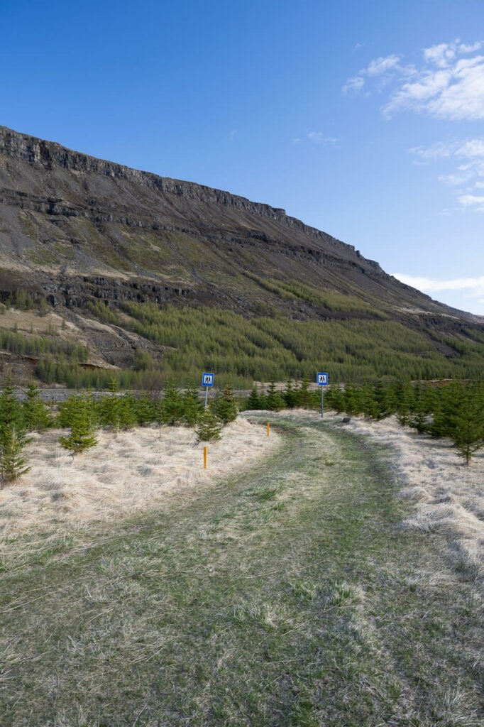 The very well marked trailhead of strutsfoss on a sunny day