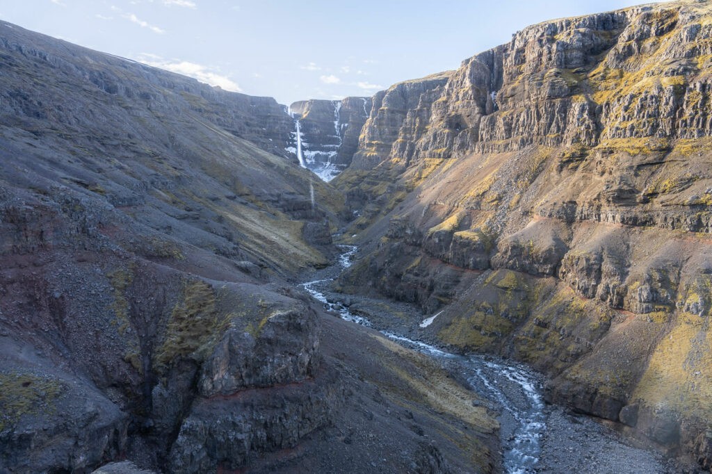 View of the waterfall Strutsfoss in Iceland at the end of the hiking trail.