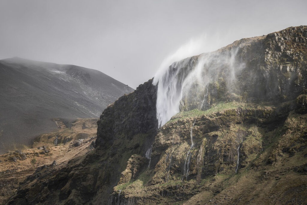 Bjarnafoss waterfall torn apart by the wind