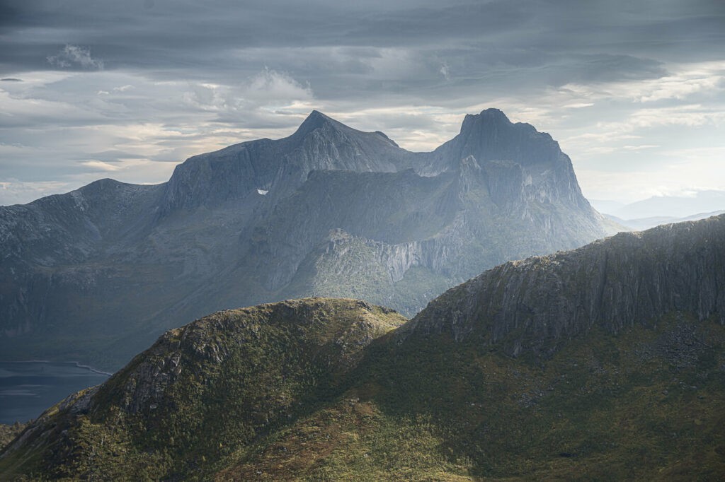 Light in a multi-layer mountainous landscape on the Island of Senja in Norway.