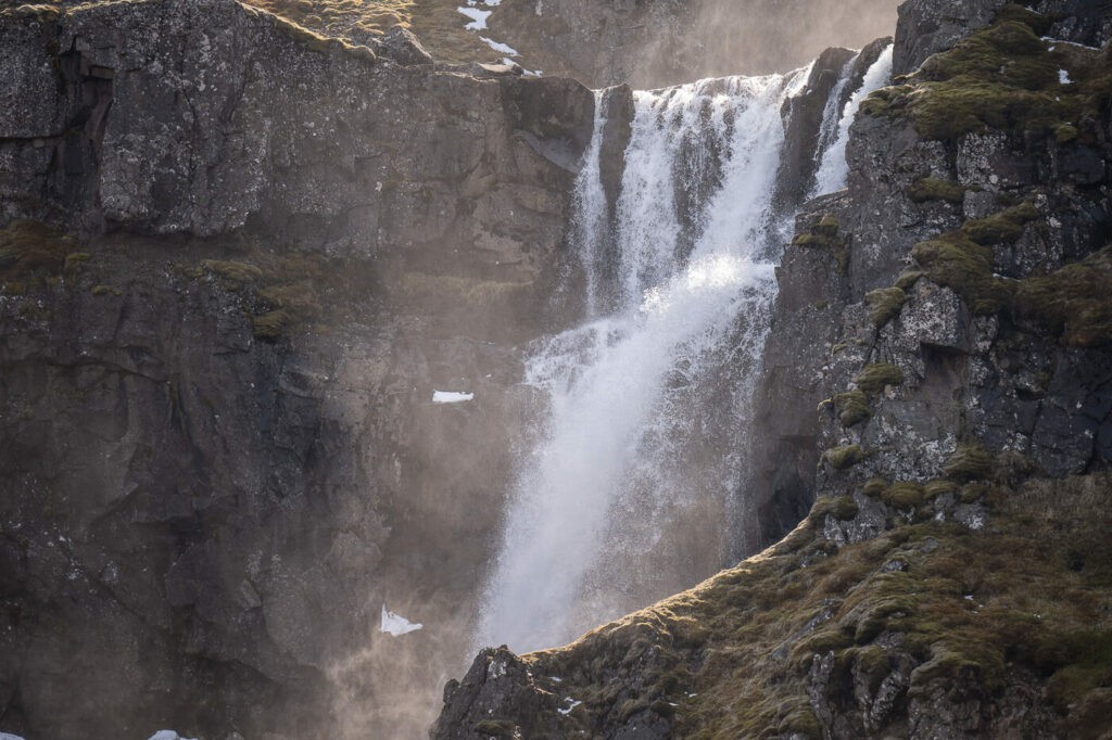 Detail of one of the waterfalls that makes Klifbrekkufossar
