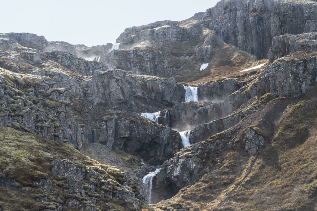 Six of the seven Klifbrekkufossar Waterfalls