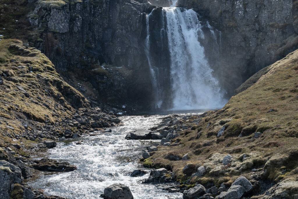 First Klifbrekkufossar waterfall at the beginning of the hike