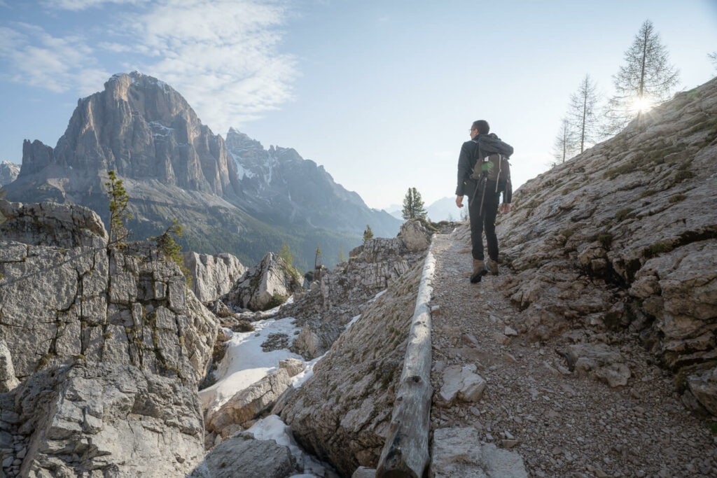 Hiker on the dolomites on a sunny morning