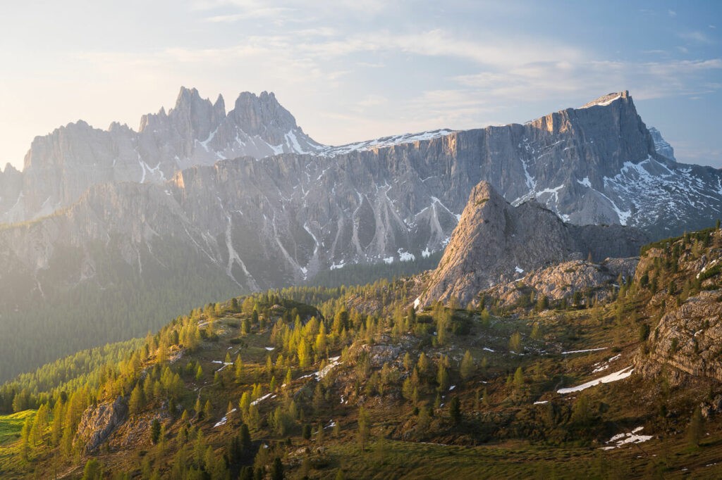 Morning light of the sunrise warming up the mountains of the Dolomites