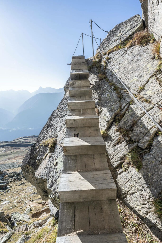 Exposed stairs section on the Aletsch Unesco high altitude trail