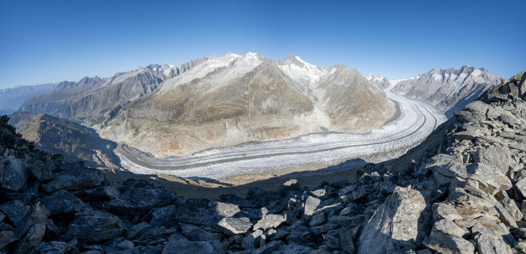 Panorama of the Aletsch glacier from the unesco high altitude trail