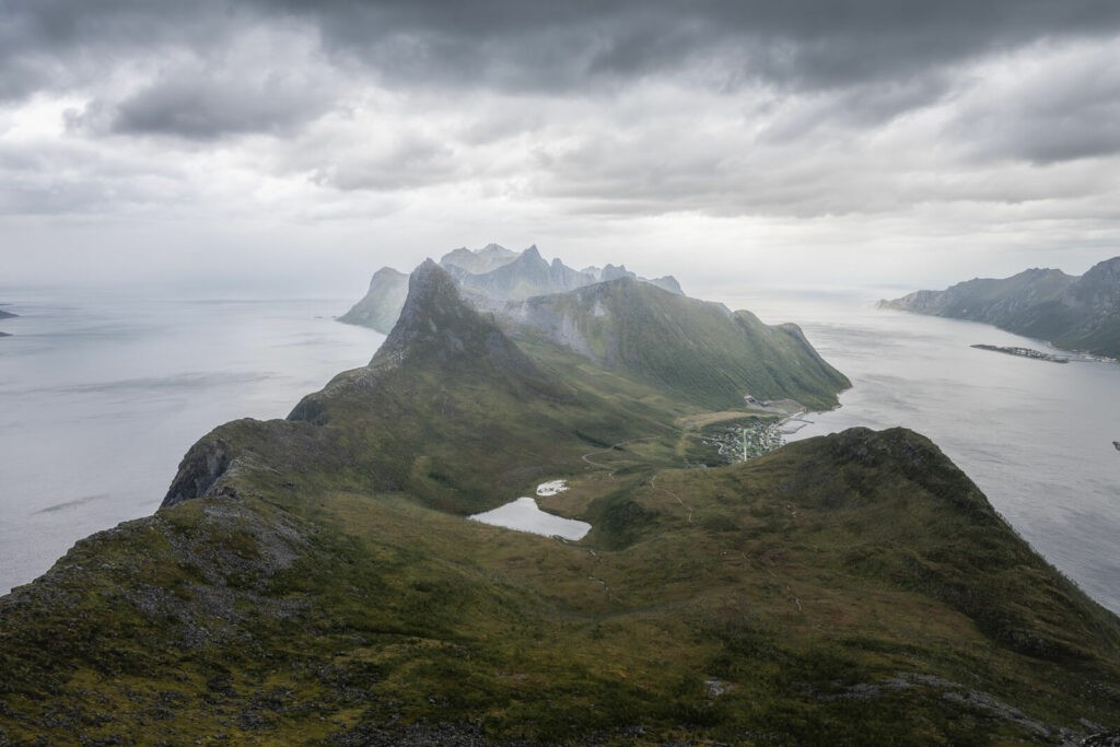 View of the mountains above Fjordgard on a cloudy day
