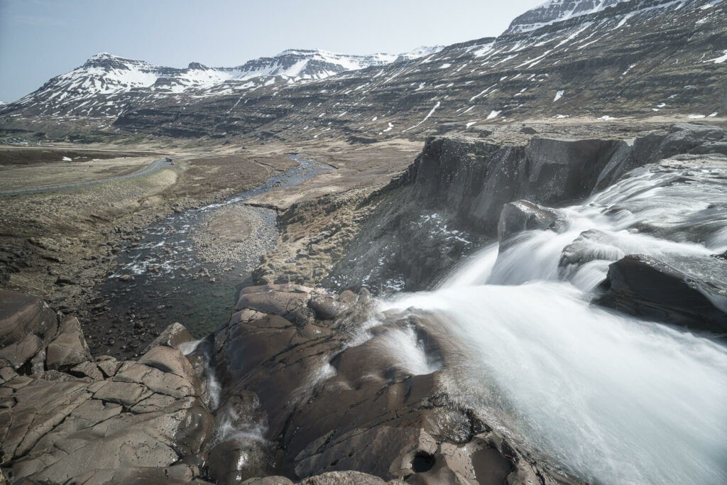 View of a waterfall from Above in the Was fjords of Iceland
