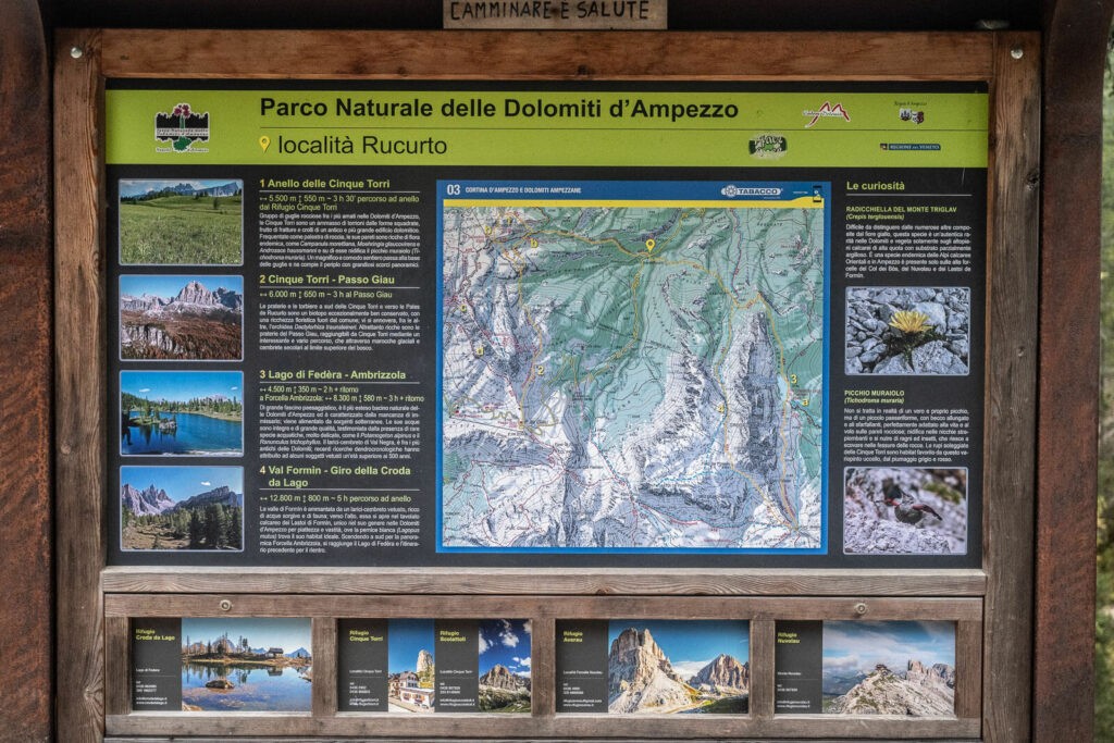 Board showing an Overview of the hikes available around the Lago di Federa.