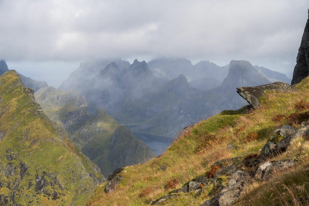 view of mountains in the distance on the moskenesøya island in the lofoten archipelago in Norway