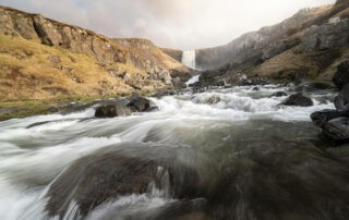 The Waterfall Svodufoss at sunset