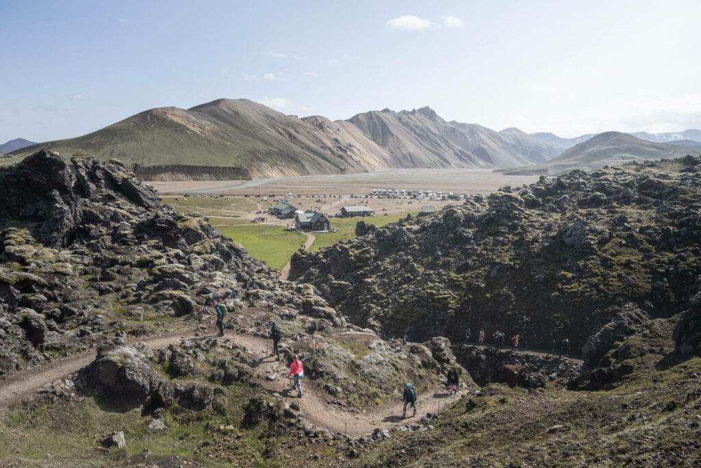 View of the landmannalaugar campsite at the beginning of a hike to Haalda
