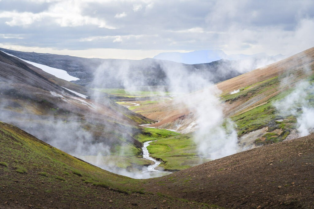 geothermal area with several fumaroles in the highlands of iceland.
