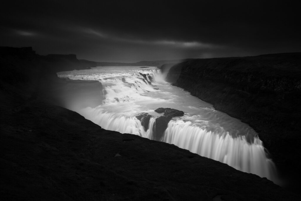 Black and white dramatic photo of gullfoss