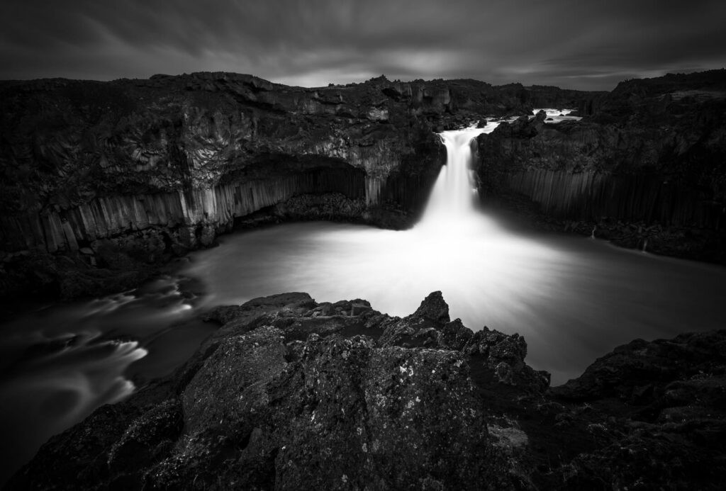 monochrome, black and white photo of a the ALdeyjarfoss waterfall in Iceland