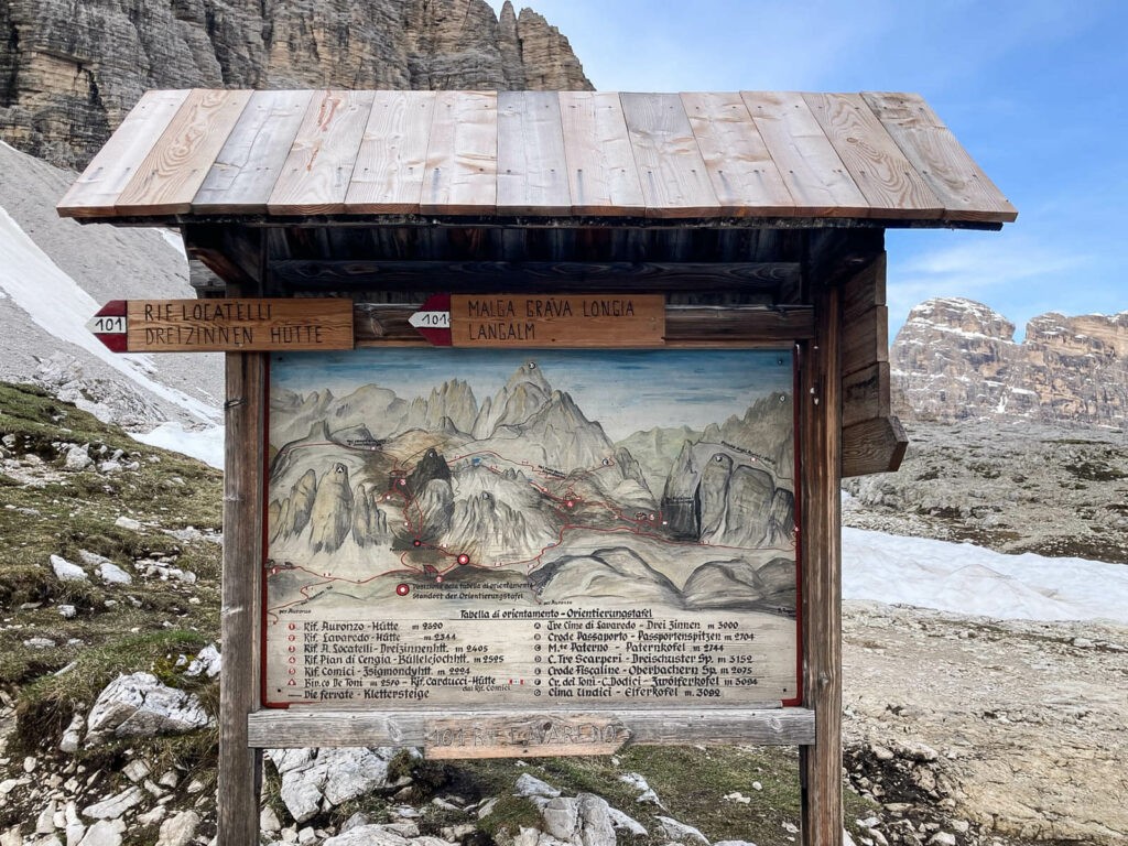Hiking trails signs and map in the mountains of Italy