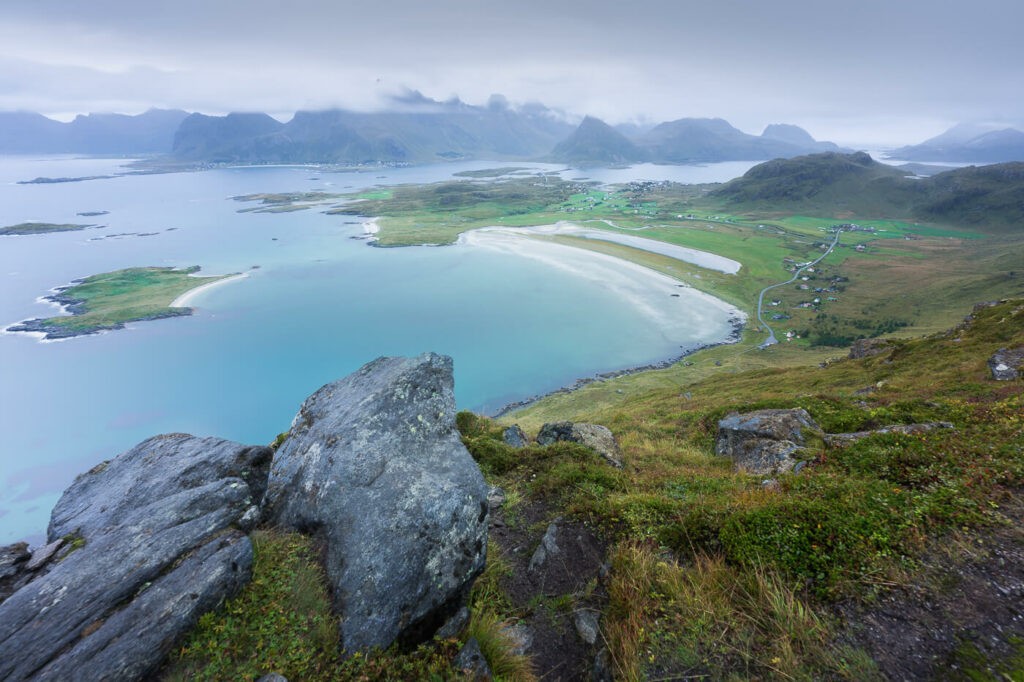 View of Yttersand beach from the top of a mountain during a hike to Røren and Mulstøtinden