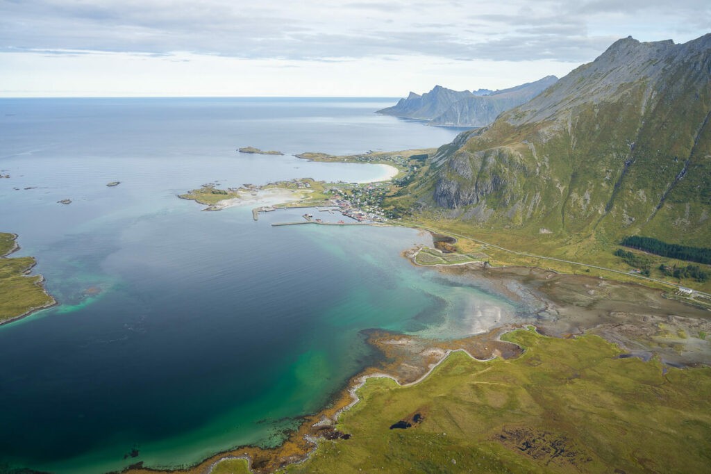 View of the blue waters of a fjord in northern Norway.