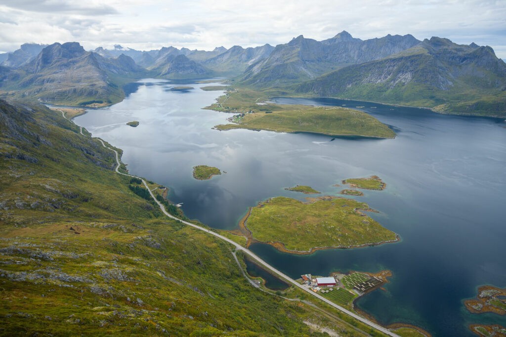 Road E10 in the Lofoten islands viewed from the top of a mountain 