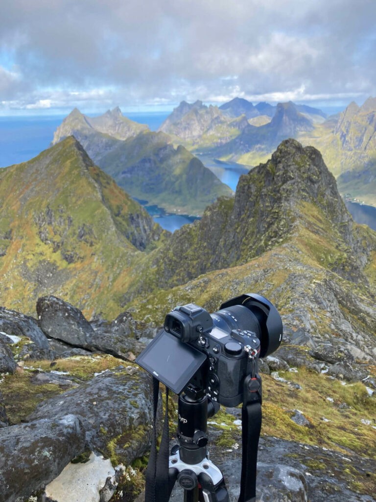 mirrorless camera used for landscape photography in a mountain environment in the fjords of Norway
