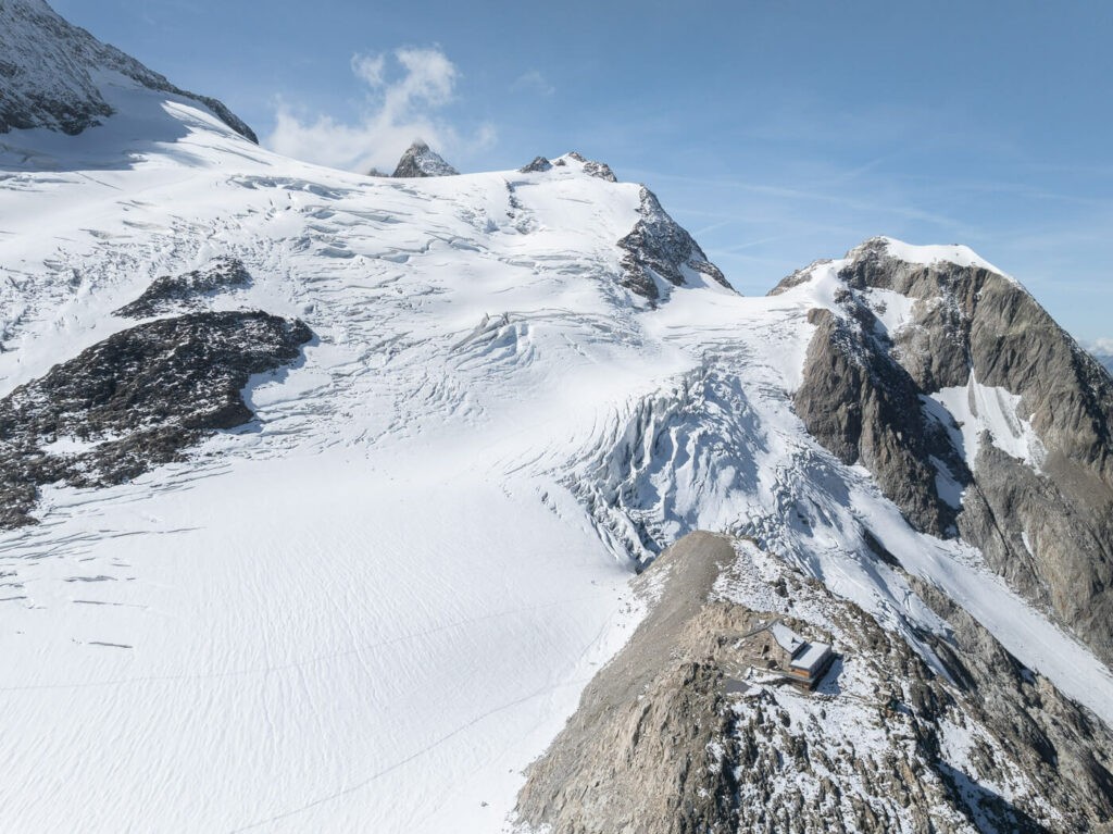 Steingletscher and Tierbergly hut viewed from a drone