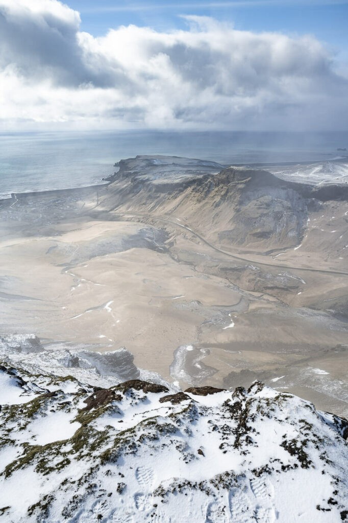 view of a coastal panorama in winter from the top of a mountain in south Iceland