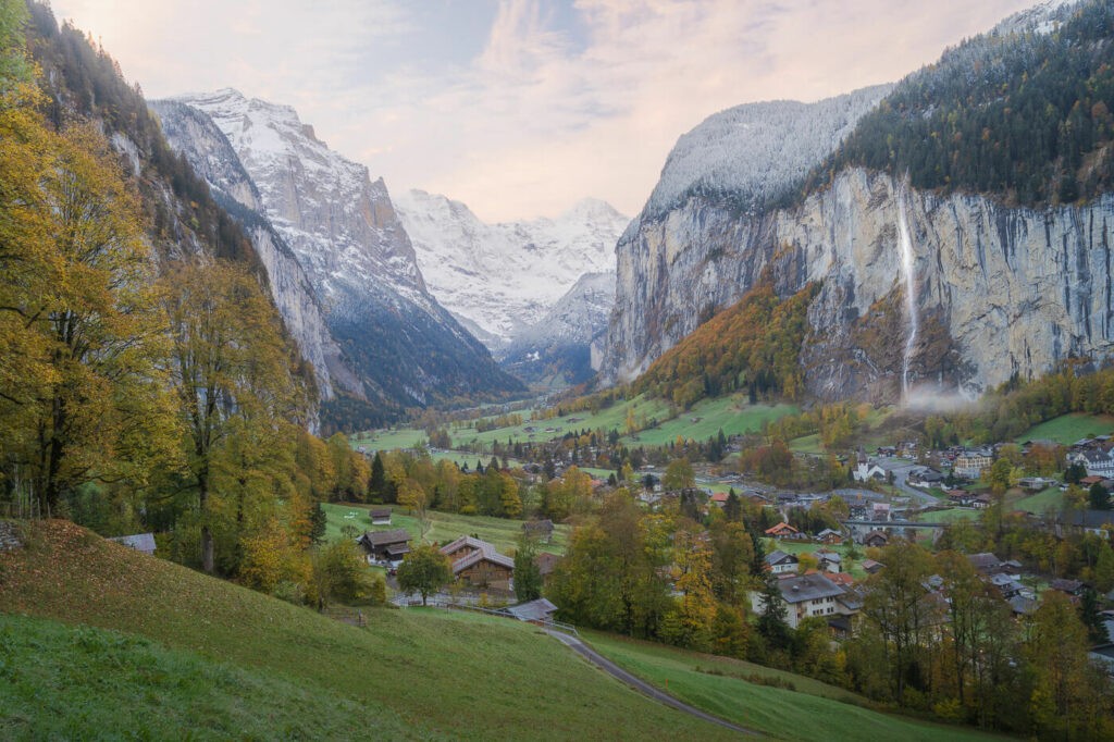 One of the best viewpoints of Staubbachfall in Lauterbrunnen at sunrise