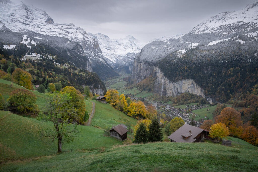 Viewpoint From the train between winged and Lauterbrunnen of Staubbachfall and Lauterbrunnental on a dark autumn day.